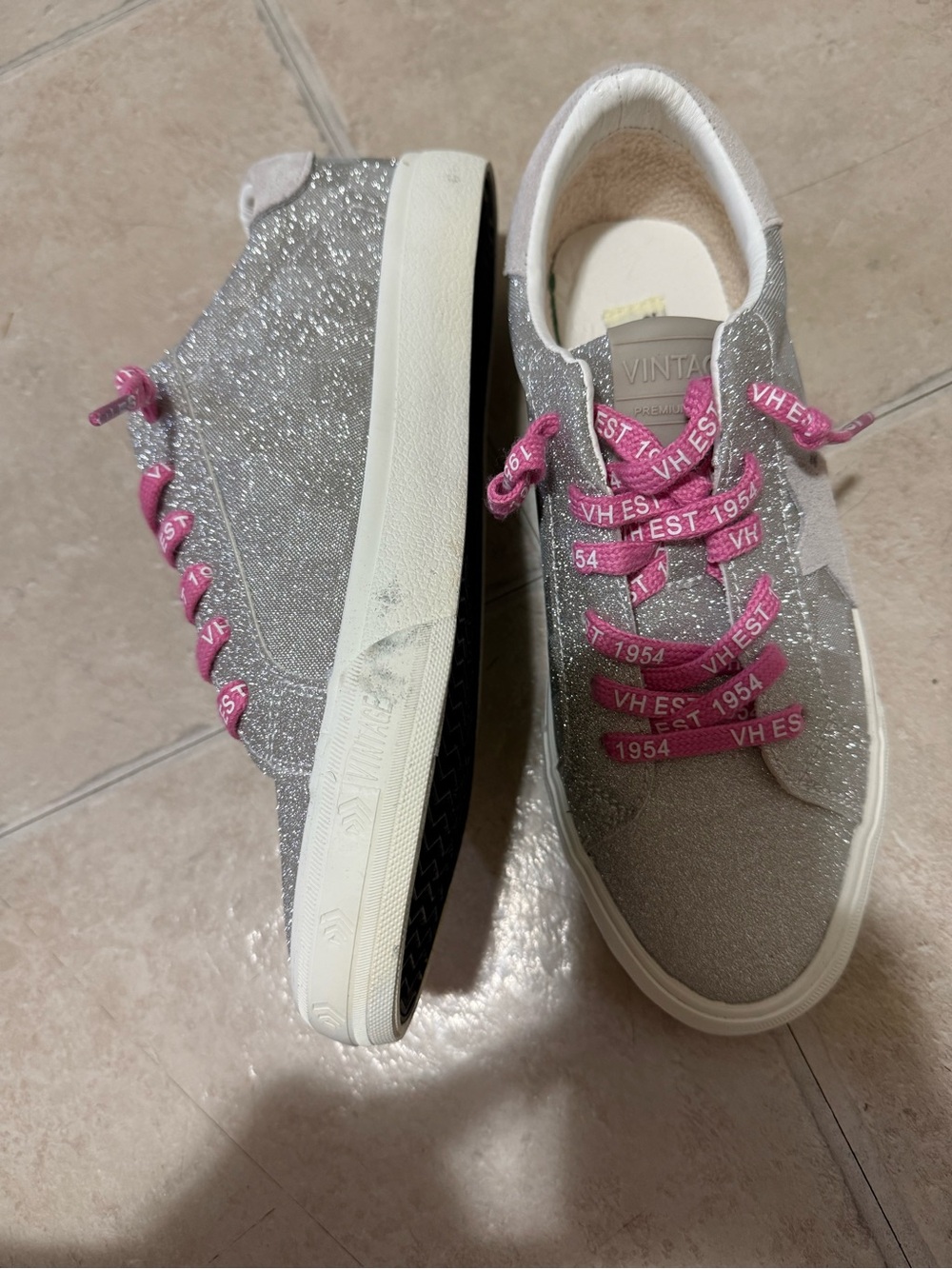 NEW- Vintage Havana Silver Glitter Sneakers with Pink Laces